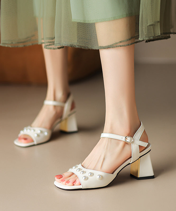 New Chunky Heel Pearl One Line French Open Toe Sandals