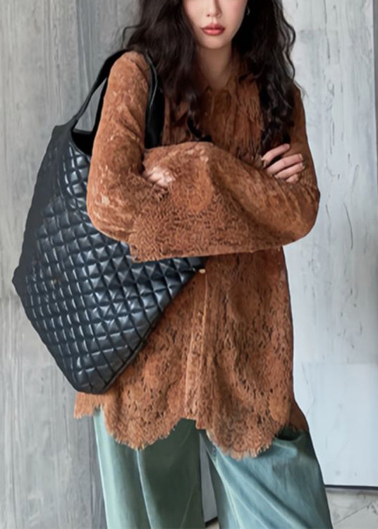 Coffee Peter Pan Collar Lace Shirts Top Flare Sleeve