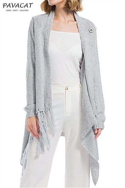 Tassel Asymmetrical Hem Shawl Speckled Fringe Cardigan - Green