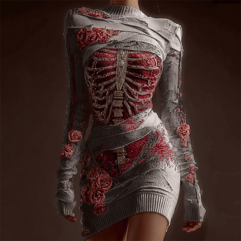 Comstylish Classy Skeleton Anatomy Bloody Roses Bandages Knit Sweater Dress
