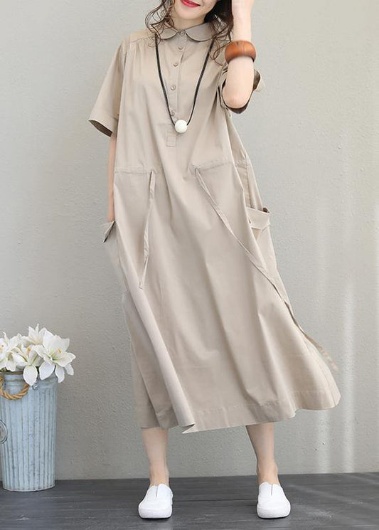 Natural Lapel Drawstring Cotton Clothes Linen Khaki Maxi Dress