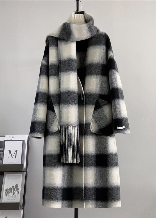 Black V Neck Pockets Plaid Wool Coats Winter