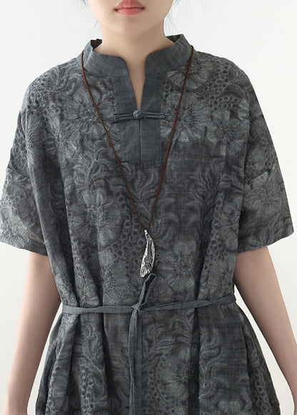 Art Dark Gray Linen Wardrobes 18th Century Neckline Tie Waist Traveling Summer Dress