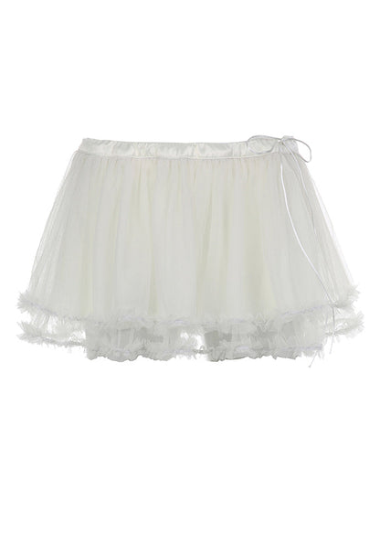 Beige Ruffled Drawstring Patchwork Tulle Skirts Summer