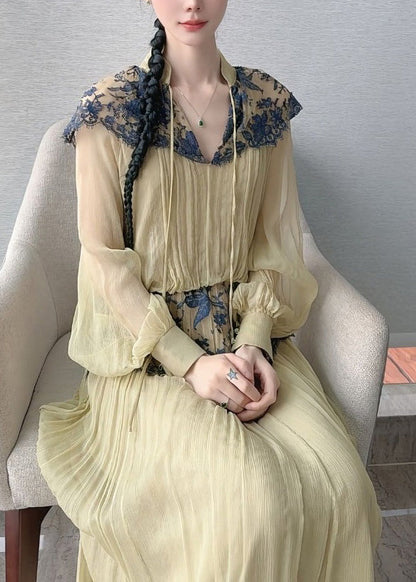 Light Green Lace Patchwork Top and Maxi Skirts Two Piece Set Lantern Sleeve