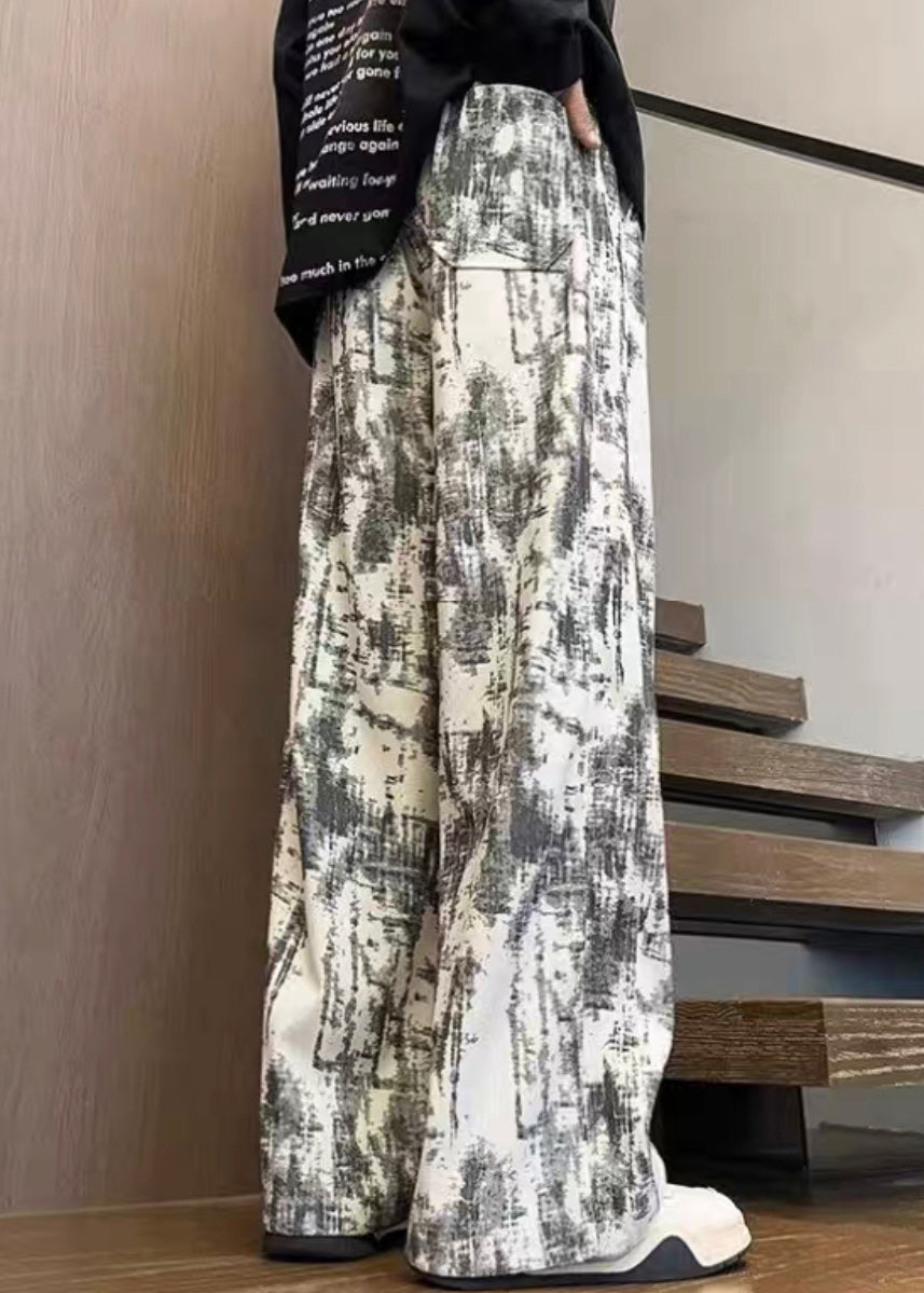 Unique White Tie Dye Elastic Waist Corduroy Pants Spring