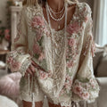 Women's Pink Rose Knitted Warm Long Sleeve V-neck Sweater artswardrobe