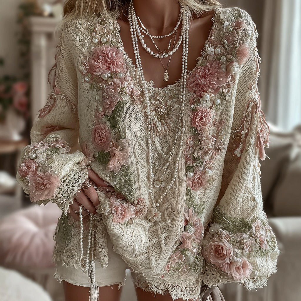Women's Pink Rose Knitted Warm Long Sleeve V-neck Sweater