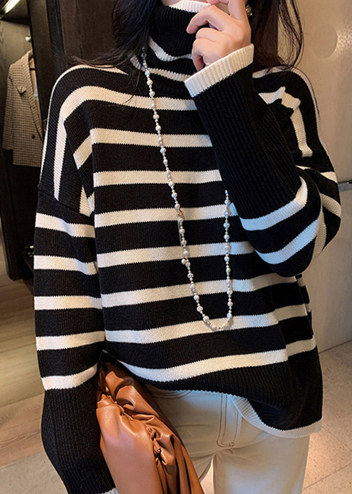 Black Hign Neck Striped Versatile Knitted Sweaters Winter