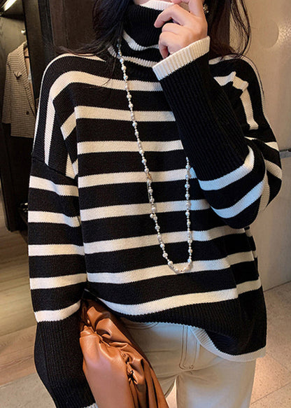 Black Hign Neck Striped Versatile Knitted Sweaters Winter