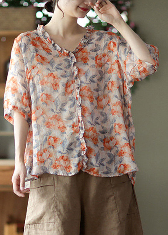 V Neck Print Ruffled Linen Tops Half Sleeve