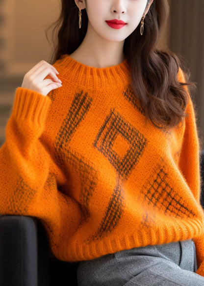 Orange O Neck Cozy Thick Cotton Knit Sweaters Long Sleeve