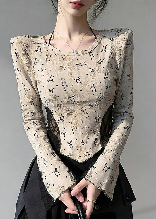Beige Print Lace Patchwork Cotton Blouses Flare Sleeve
