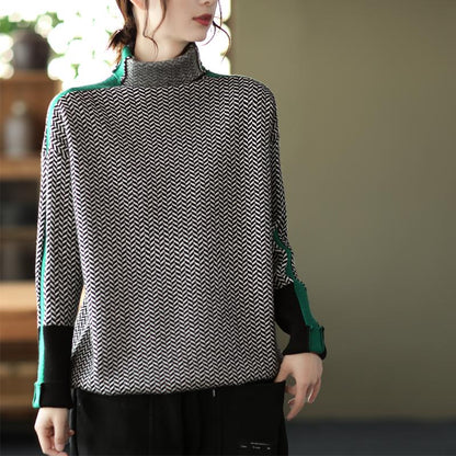 Winter Retro Turtleneck Patchwork Knitted Sweater