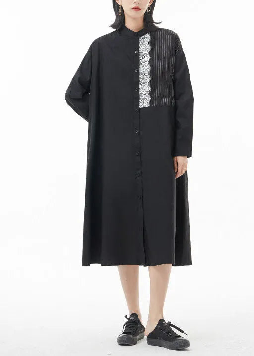 Black Stand Collar Lace Patchwork Shirt Dress Spring