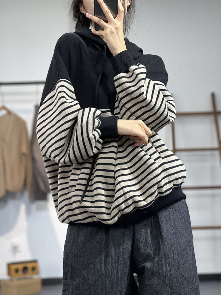Contrast Stripe Fleece Drawstring Hooded Sweatshirt