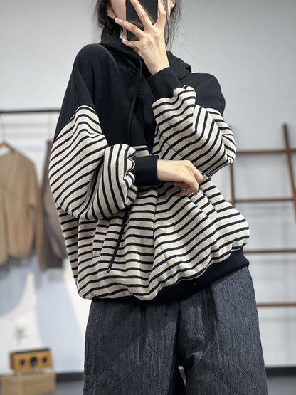 Contrast Stripe Fleece Drawstring Hooded Sweatshirt