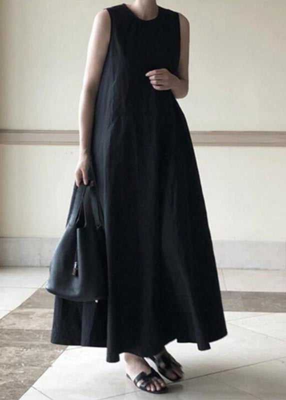 Handmade Black Linen Dresses O Neck Sleeveless Cotton Robes Summer Dresses