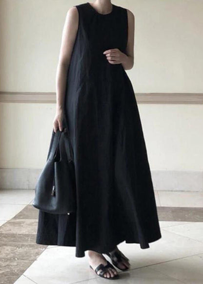 Handmade Black Linen Dresses O Neck Sleeveless Cotton Robes Summer Dresses