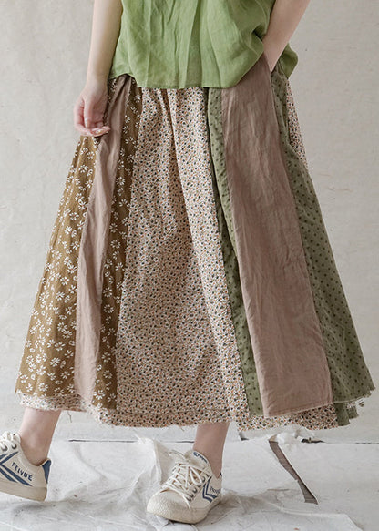 Boutique Green Elastic Waist Print Patchwork Cotton Skirt Spring