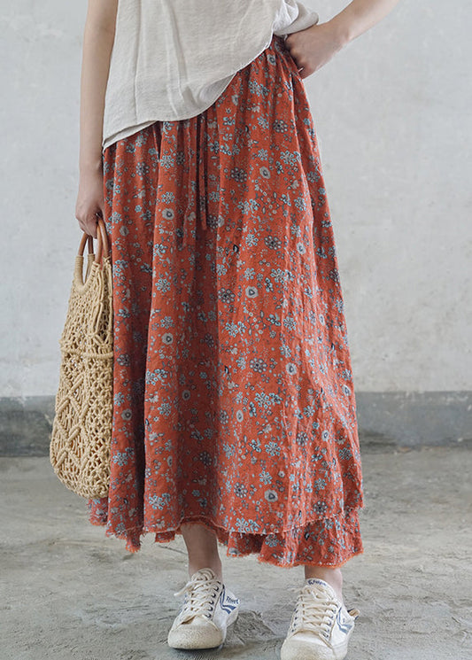 Red Elastic Waist Tie Waist Print Cotton Skirts Spring