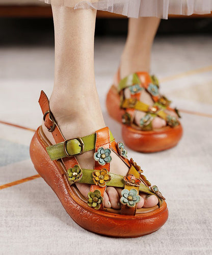 Retro Hollow Out Platform Sandals Yellow Cowhide Leather