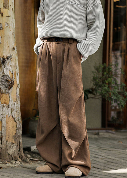 Simple Brown Pockets High Waist Warm Fleece Corduroy Pants Spring