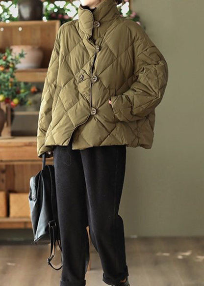 Light Green Loose Duck Down Jacket in Winter Stand Collar Button Winter