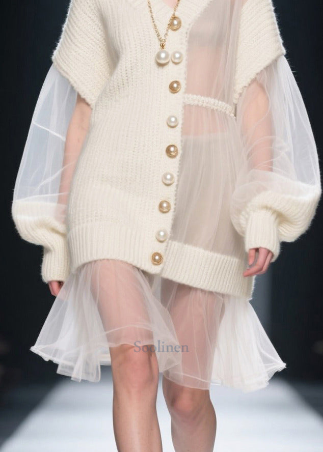 White Asymmetrical Patchwork Tulle Knitwear Dress Fall