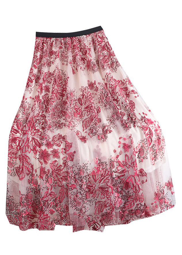 Vogue Red Sequins Embroideried High Waist Tulle Skirt Summer