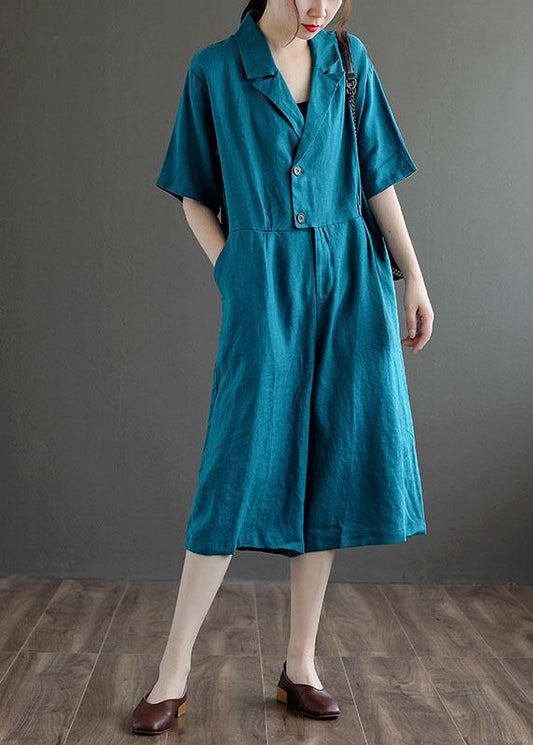 Blue Pockets Button Vacation Summer Linen Dress