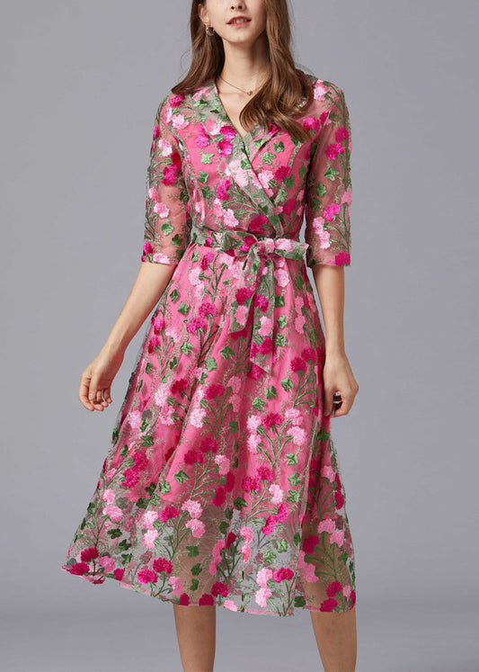 Rose V Neck Embroidered Tie Waist Tulle Mid Dresses Summer