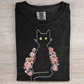 Pink Floral Black Cat Embroidered Comfy T Shirt