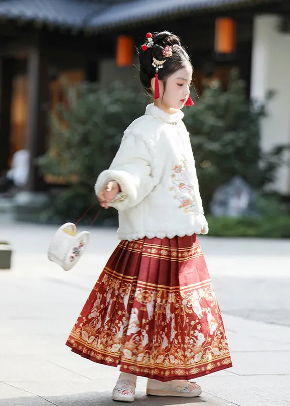 New White Nail Bead Coats and Maxi Skirts Two Pieces Set Winter