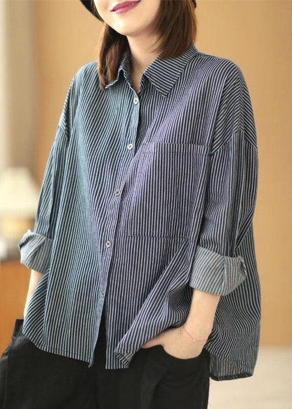Italian Navy Striped Peterpan Collar Button Pockets Fall Top Long Sleeve