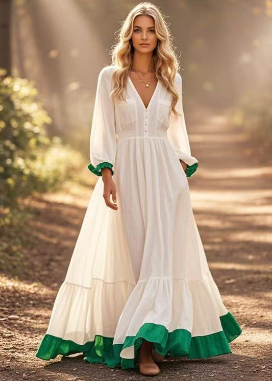 White Patchwork Exra Large Hem Cotton Long Dress Spring