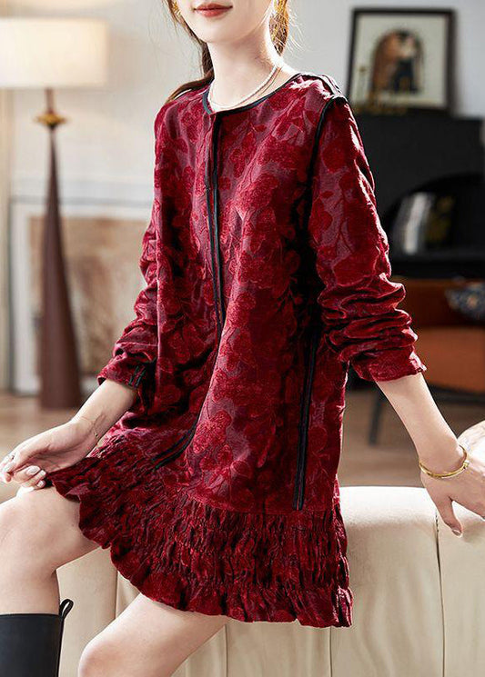 Red V Neck Ruffled Silk Velvet Vacation Mid Dresses Long Sleeve