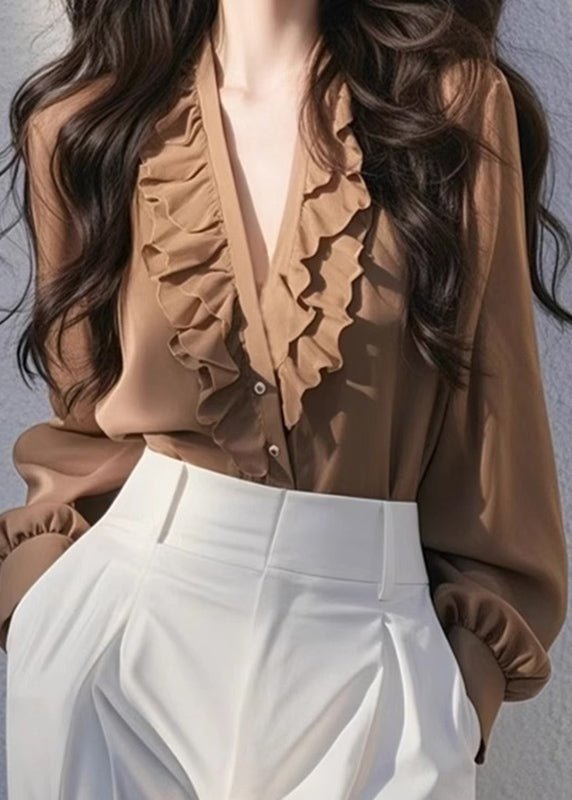 Coffee V Neck Ruffled Top Fall