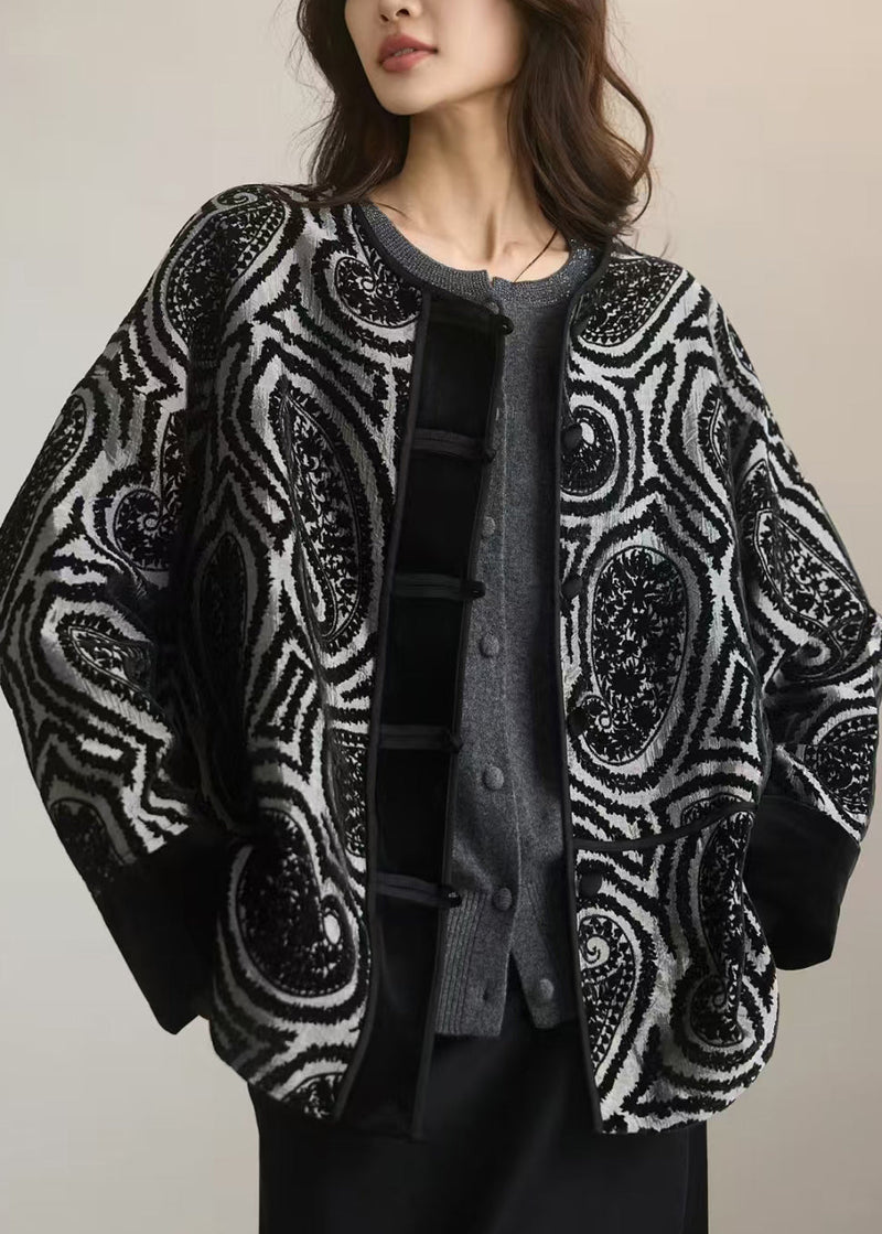 New Grey O Neck Print Button Cotton Coat Outwear Spring