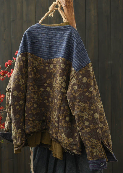 Coffee Print Pockets Denim Patchwork Fine Cotton Filled Jacket Winter