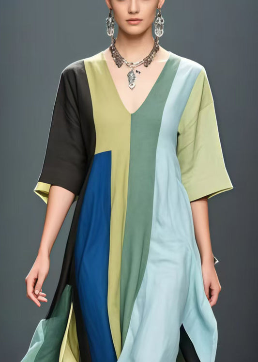 Art Asymmetrical Patchwork Side Open Cotton Long Dresses Summer