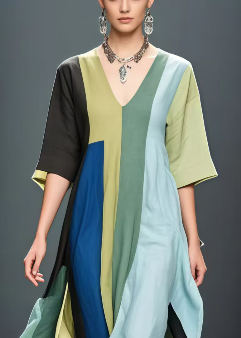 Art Asymmetrical Patchwork Side Open Cotton Long Dresses Summer