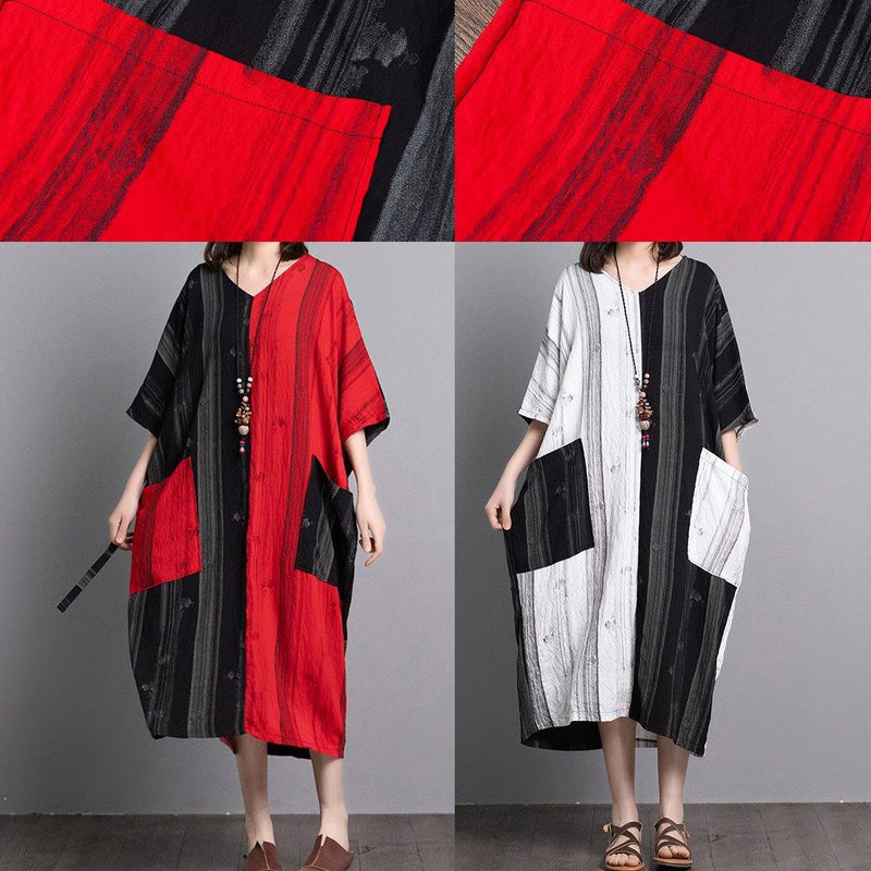 Classy V Neck Pockets Linen Outfit Sewing Black Red Patchwork Dresses Summer