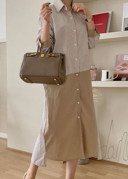 Apricot Striped Patchwork Cotton Shirts Long Dresses Spring