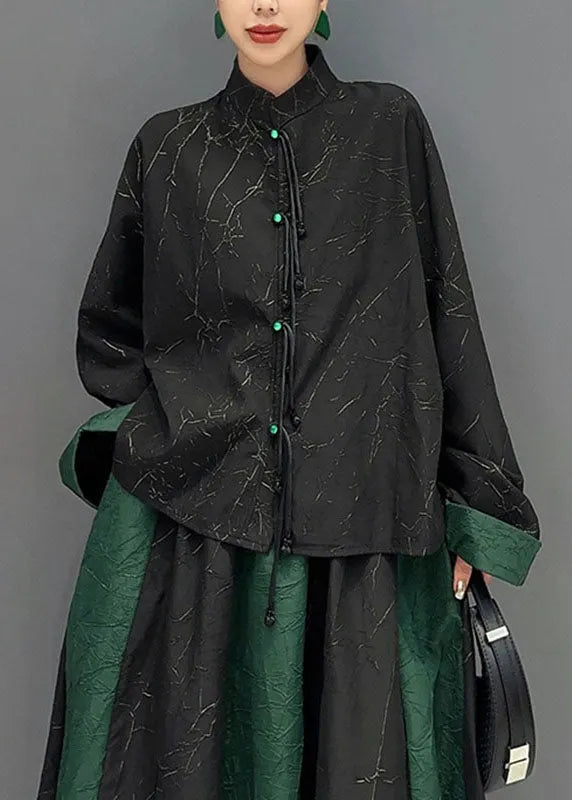 Black Patchwork Green Button Shirts and a Line Skirts Two Piece Set Fall