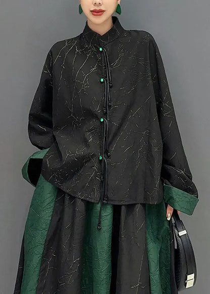 Black Patchwork Green Button Shirts and a Line Skirts Two Piece Set Fall