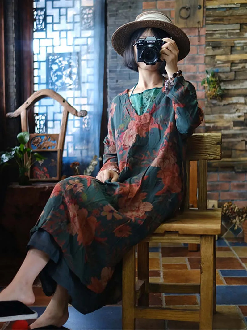 Print V-neck Loose Dress