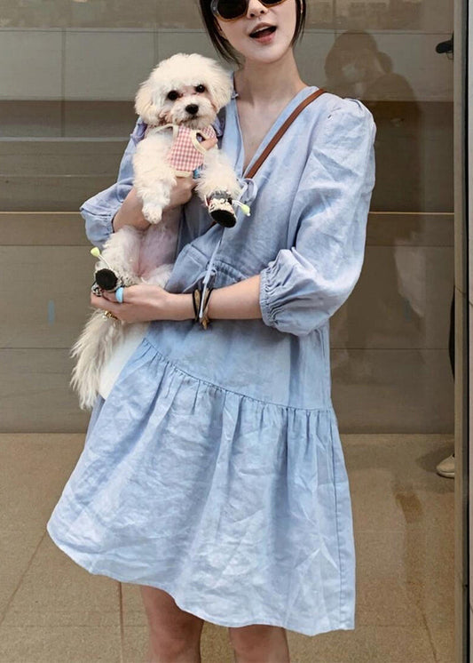 Blue V Neck Lace Up Linen Mid Dress Bracelet Sleeve