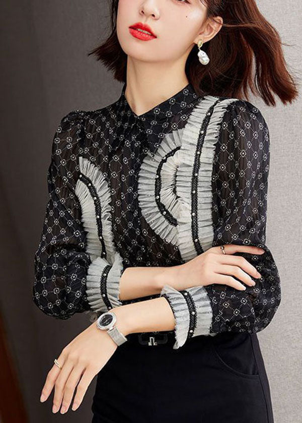 Black Stand Collar Ruffled Patchwork Print Chiffon Shirts Long Sleeve
