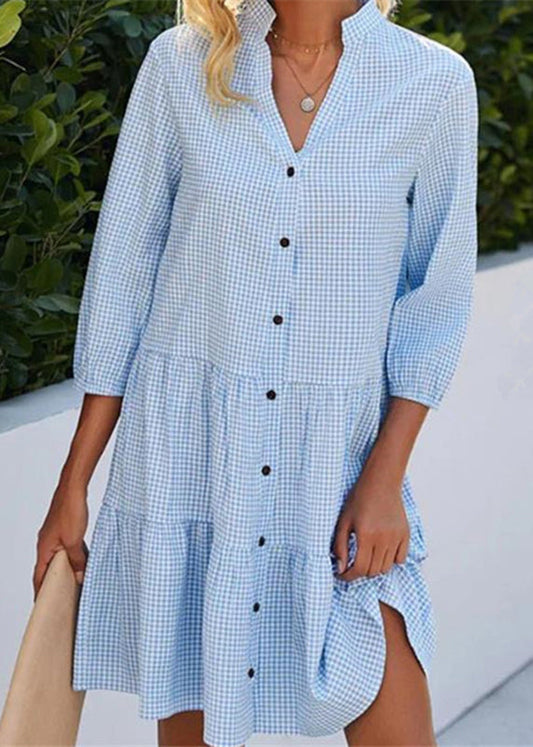 Blue Stand Collar Plaid Button Mid Shirts Dress Fall